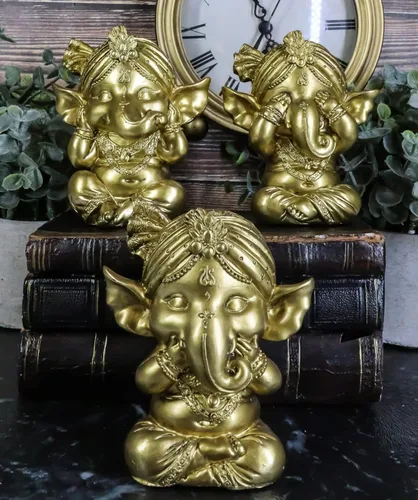 Vista 7 de Ebros - Juego de 3 figuras de elefante hindú dorado, Dios, Señor, Ganesha, con turbante, 4 pulgadas de alto, Deidad de las artes, sabiduría