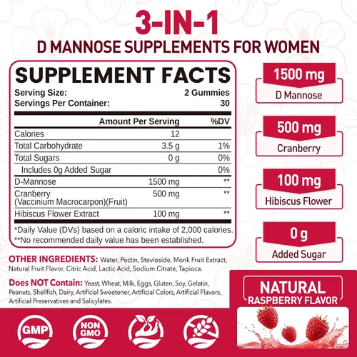 Vista 2 de D Manosa con gomitas de arándano, suplementos de D-manosa de 1500 mg para mujeres, con hibisco para la salud del tracto urinario, vejiga, soporte