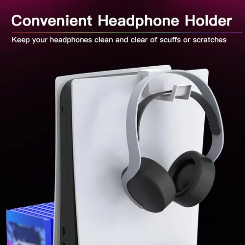 Vista 6 de NexiGo Soporte para PS5 con luz LED RGB, ranura para disco duro, auriculares y soportes remotos, estación de carga de doble controlador para consola