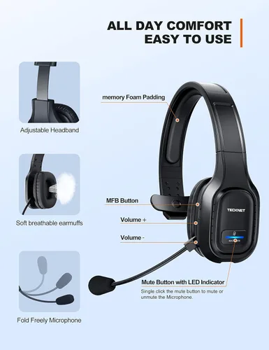 Vista 4 de TECKNET Auriculares Bluetooth para camionero, auriculares Bluetooth con micrófono AI cancelación de ruido inalámbricos en la oreja, auriculares