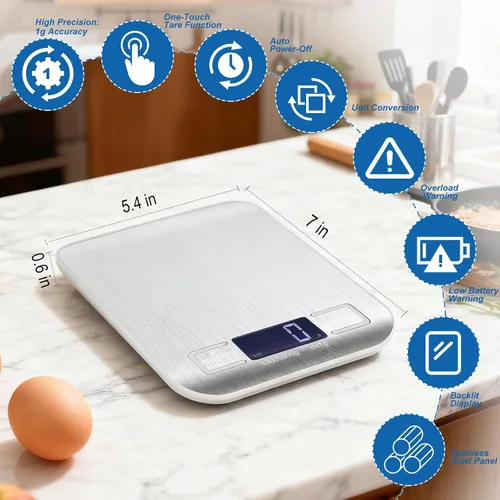 Vista 2 de Báscula digital de cocina para cocina, 0.04 oz de precisión, 11 libras Tare Function, Backlit LCD, Incloud Batteries 304 Stainless Steel 5