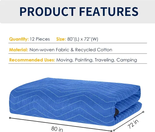 Vista 14 de Paquete de 12 mantas para mudanzas, almohadillas de mudanza de muebles extragrandes de 80 x 72 pulgadas, mantas de embalaje reutilizables