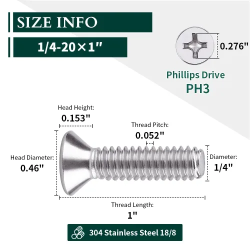 Vista 3 de Tornillos de máquina de cabeza avellanada plana 1/4-20 x 1, Phillips Drive, acero inoxidable 304 18-8, rosca completa, rosca gruesa UNC, 25 PCS