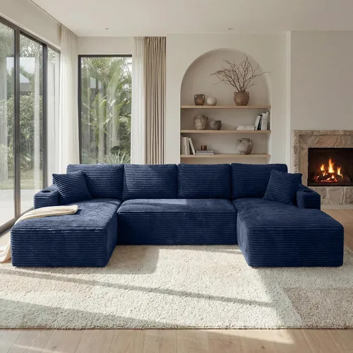 Vista 45 de Sofá grande sin hueso de 125 pulgadas con diván, moderno sofá modular con asiento profundo, sofá tapizado de pana en forma de U para sala de estar