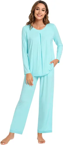 Vista 69 de NACHILA Women's Pajamas Set-Viscose Made from Bamboo, Long Sleeve Sleepwear Top with Pants Comfy Pajama Soft 2 Piece Pjs B-aqua Green