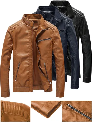 Vista 5 de Chaqueta de piel para hombre, color negro, ajustada, ligera, para motocicleta