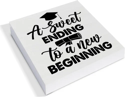 Vista 2 de Letrero de madera para decoración de escritorio con texto en inglés "Graduate a Sweet Ending to a New Beginning", caja de madera rústica, decoración
