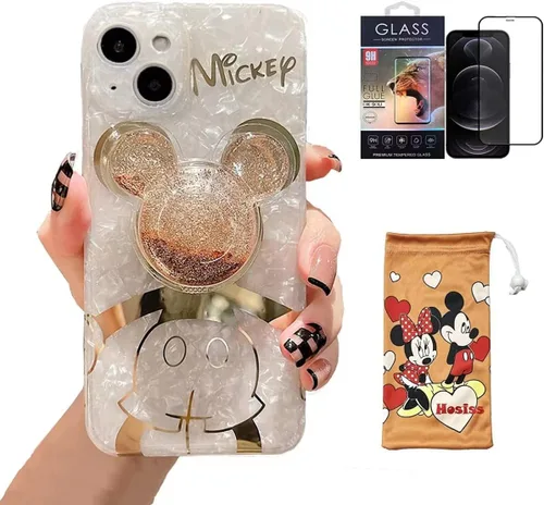 Vista 10 de Funda de dibujos animados para iPhone XR 6.1'' con protector de pantalla HD, Mickey Mouse con soporte para teléfono celular de arena movediza