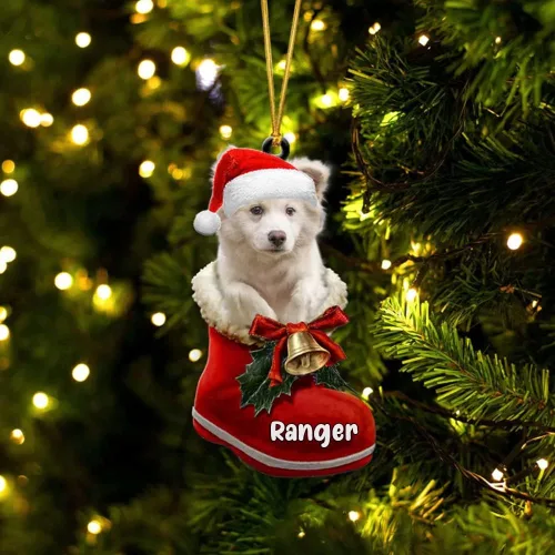 Vista 55 de Amantes de los perros de Navidad – Akita Inu Dog in Santa Boot Adorno de Navidad, adorno personalizado en forma 2D, adorno de Navidad, personaliza