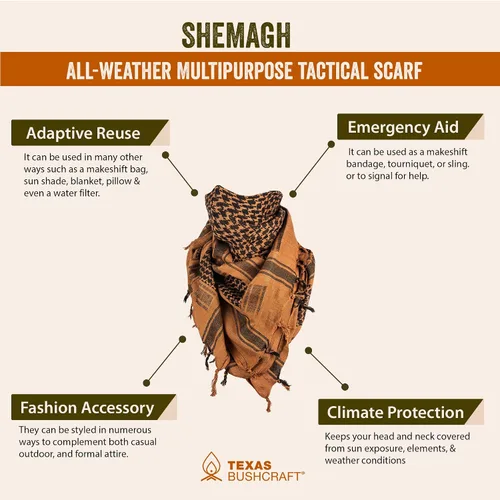 Vista 7 de Texas Bushcraft Tactical Shemagh - Auténtico Keffiyeh 100% algodón para tu equipo de camping, senderismo y mochilero