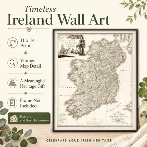 Vista 2 de Map of Ireland 1792 11x14 Unframed Poster, Antique 18th Century Irish Counties Cartography Print, Vintage Sepia Geography Art, King George III