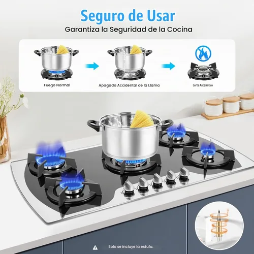 Vista 4 de Placa de cocina de gas NG de 36 pulgadas con 5 quemadores, convertible a GN/LPG, estufa de gas integrada con protección de termopar