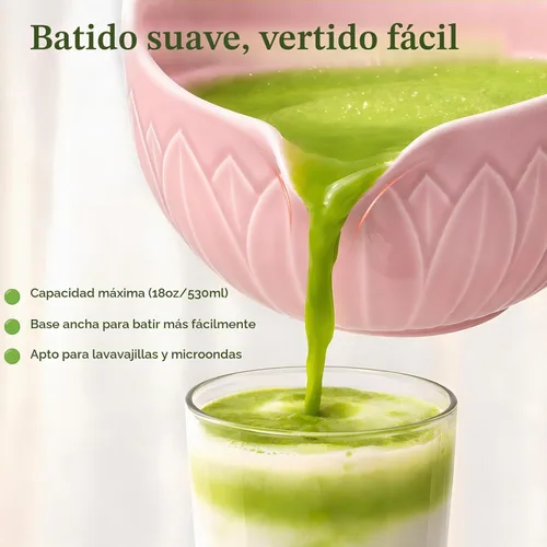 Vista 5 de Juego de batidor Matcha con cuenco de cerámica y cazador de bambú hoja rosado