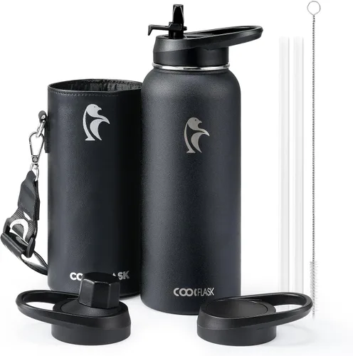 Vista 11 de Coolflask Botella de agua de 64 onzas aislada con funda de cuero PU, botella de agua de medio galón con contraste de color y tapa con popote, jarra