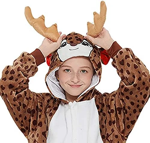 Vista 2 de ANBOTA mameluco de ciervo para niños, disfraz de Halloween, para niños y niñas, fiestas de renos, cosplay, de polar, pijama de una pieza con cierre