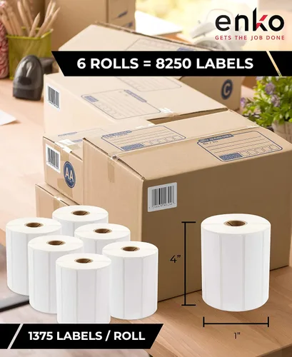 Vista 2 de enKo - Etiquetas térmicas directas compatibles con etiquetas de cebra / rollo de 4 x 1 pulgada, núcleo de 1 pulgada (6 rollo, 8250 etiquetas)