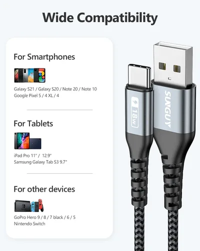 Vista 7 de SUNGUY Paquete de 3 cables USB C cortos de 6 pulgadas, 3 A USB A a USB C, cable de carga rápida, transferencia de datos, trenzado, compatible
