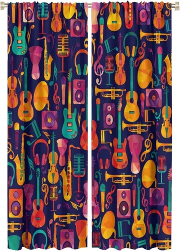 Vista 9 de Cortinas abstractas con notas musicales de piano, temática musical de piano, decoración de dormitorio de niños y niñas, arte rústico retro