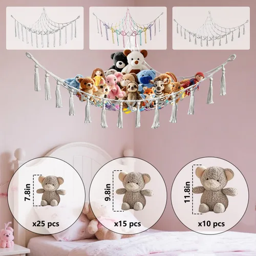 Vista 6 de Hamaca esquinera de animales de peluche con ganchos, cama colgante de tela suave para juguetes de peluche, organizador de almacenamiento de Beige