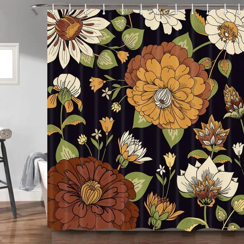 Vista 17 de Torich Cortina de ducha bohemia floral para baño, abstracta de mediados de siglo, decoración bohemia, cortinas de baño, flores botánicas, hojas