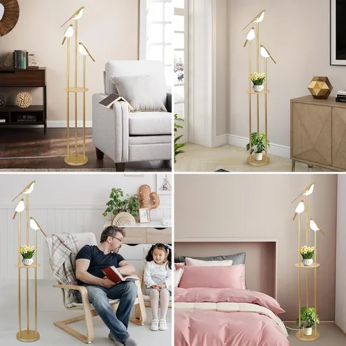 Vista 8 de Lámparas de pie doradas para sala de estar, lámpara de pie moderna con estantes, lámpara de pie de mediados de siglo con 3 luces LED de pájaro