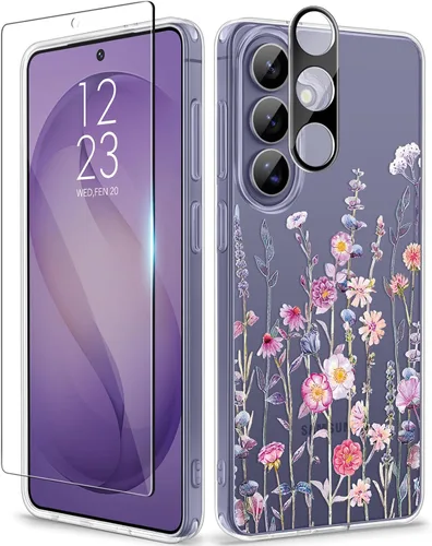 Vista 96 de GVIEWIN Funda protectora para Samsung Galaxy S25, transparente floral, delgada, a prueba de golpes, para mujer, no se pone amarilla, con protector