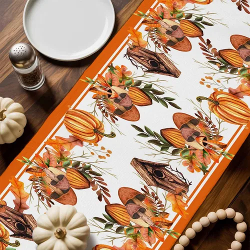 Vista 2 de T&H XHome Camino de mesa de lino de 36 pulgadas de largo para Acción de Gracias, otoño, calabaza, naranja, acuarela, para fiesta, comedor, aparador