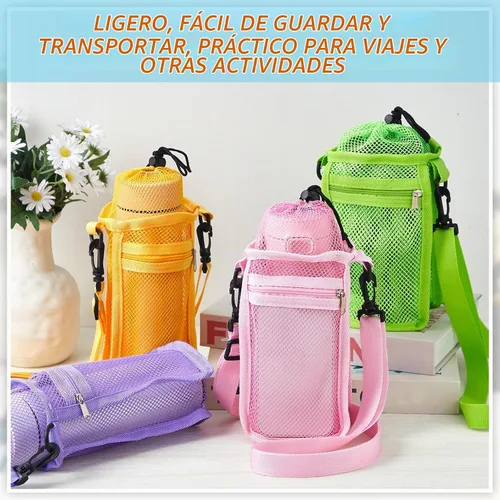 Vista 2 de Berlune Soporte para botella de agua de 14 a 30 onzas con cordón y bolsillo con cremallera, bolsa de malla ajustable para caminar 4