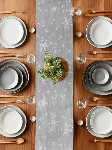 Vista 5 de Camino de mesa de Navidad de otoño de 90 pulgadas de largo, árbol de Navidad, fondo gris, duradero, lavable, camino de mesa de cocina para Árbol