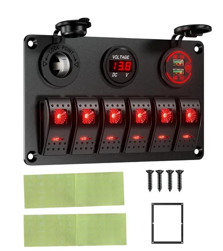 Vista 6 de Interruptor de roker de barco marino impermeable, panel de aluminio de 6 cuadrillas con cargador de coche USB dual DC12-24V 36W y voltímetro digital