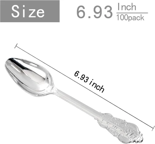 Vista 7 de WDF 100 cucharas de plástico plateadas desechables, cubiertos de plata barrocos de 6.93 pulgadas para pastel de postre, cucharas de plástico