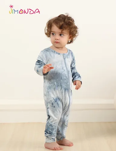 Vista 4 de Jimonda Pijamas sin pies para bebés, niñas y niños, con cremallera de 2 vías, manga larga, suave, para dormir, mameluco de teñido anudado