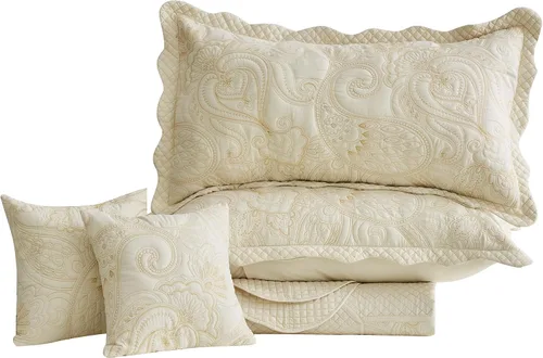 Vista 9 de Colcha extragrande tamaño King, diseño de patrón paisley, funda de cama ligera, reversible, 5 piezas, 100% microfibra, amarillo marfil Cobertura