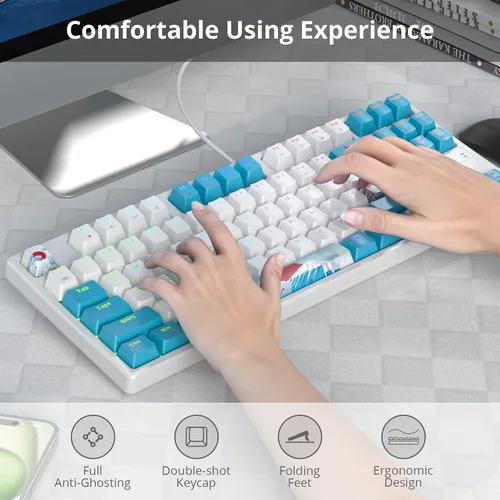 Vista 4 de Teclado mecánico 75% para juegos con interruptor rojo, teclado retroiluminado LED RGB blanco y azul, 87 teclas compacto TKL teclado de computadora