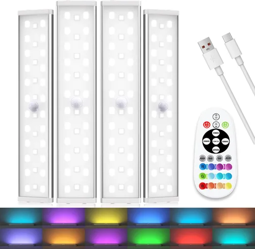 Vista 9 de 58 luces LED para debajo del gabinete, luz recargable RGB con sensor de movimiento para interior, luces nocturnas con control remoto, pack de 2