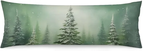 Vista 12 de Funda de almohada corporal con estampado de bosque natural, funda protectora larga con cremallera, pinos verdes con copos de nieve, funda
