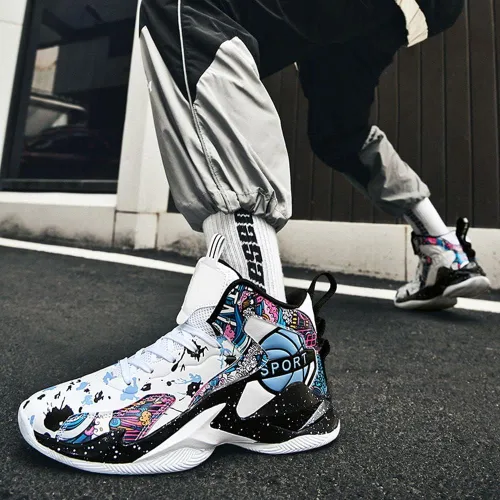 Vista 5 de MAUGELY Zapatillas de deporte de baloncesto para hombre, caña alta, para jóvenes, estudiantes, deportes, ocio, graffiti, zapatillas para correr