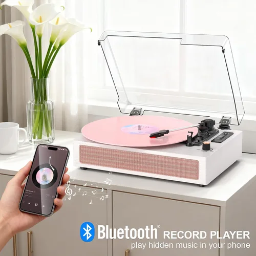 Vista 3 de Tocadiscos de vinilo con altavoces, tocadiscos Bluetooth vintage rosa con modos de sonido EQ y pantalla LED, tocadiscos de 3 velocidades para discos