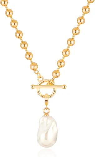 Vista 30 de Aobei Pearl Collar chapado en oro de 18 quilates con dije de cruz de corazón, corazón, estrella, león, mal de ojo, amor, medallón, clip de papel