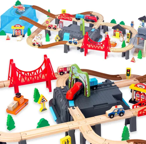 Vista 6 de 100 piezas de juego de tren de madera para niños de 3 años, juego de tren de doble cara con pistas, puente, estación de tren y caja
