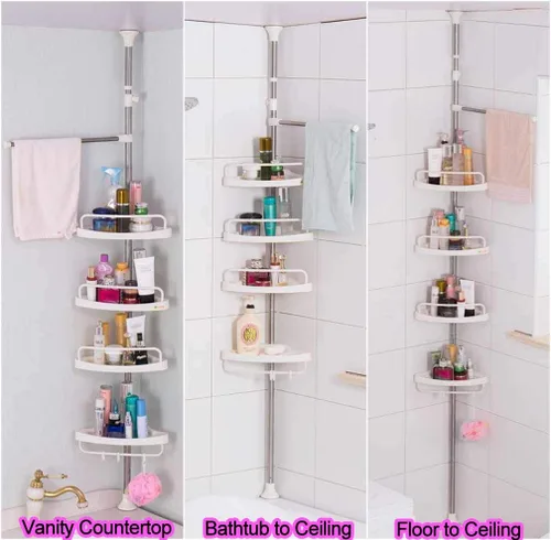 Vista 3 de Hershii Estante de ducha esquinero de 4 niveles con barra de tensión, organizador de estante de baño, estante de almacenamiento ajustable para baño