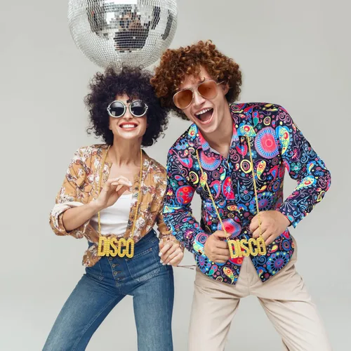 Vista 6 de Juego de 4 piezas de disfraz de discoteca para hombre de los años 70 casual cachemira floral vintage manga larga para fiesta de discoteca