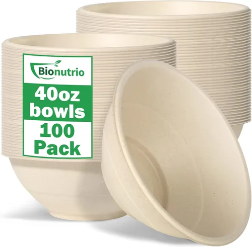 Vista 10 de Cuencos de papel grandes de 32 onzas, paquete de 50 unidades, resistentes, biodegradables y aptos para microondas, cuencos de bagazo ecológicos