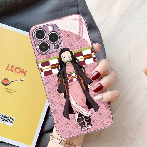 Vista 3 de Nezuko Kamado Anime Rosa Funda de Teléfono - Concha Protectora de Vidrio Templado con Patrón de Personajes de Manga para iPhone 11 Pro