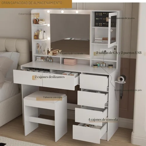 Vista 2 de Escritorio de tocador con espejo y luces, mesa de tocador de maquillaje con 6 cajones y 3 estantes de almacenamiento, toma de corriente y taburete