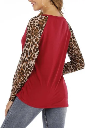 Vista 3 de Camisetas de manga larga raglán con estampado de leopardo para mujer, estilo casual, de manga larga, para usar con leggings