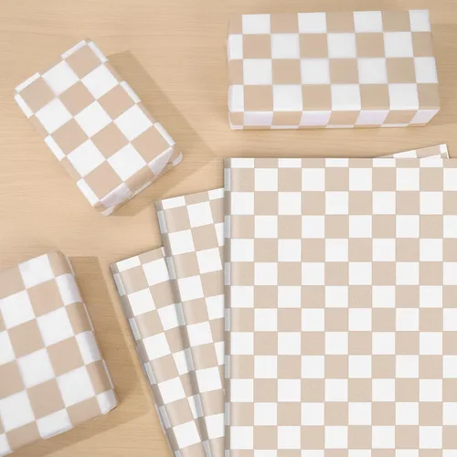 Vista 3 de Whaline 100 hojas de papel de seda a cuadros, papel de regalo de tablero de ajedrez beige y blanco, papel decorativo para cumpleaños, baby shower