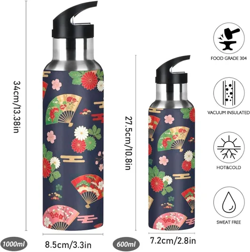 Vista 2 de Japanese Fans Vintage Insulated Stainless Steel Water Bottle with Straw 20 Oz, BPA-Free Sports Water Bottle with Straw Leakproof Water Bottles