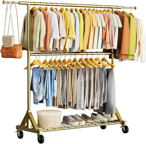 Vista 13 de Luxspire Perchero de doble barra para colgar ropa, perchero con ganchos laterales, estantes inferiores, ruedas de 360°, percheros para dormitorio
