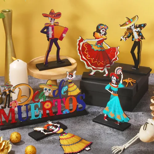 Vista 4 de Barydat 6 piezas de decoración de mesa del Día de los Muertos, decoración de madera de calavera de azúcar para parejas, centros de mesa